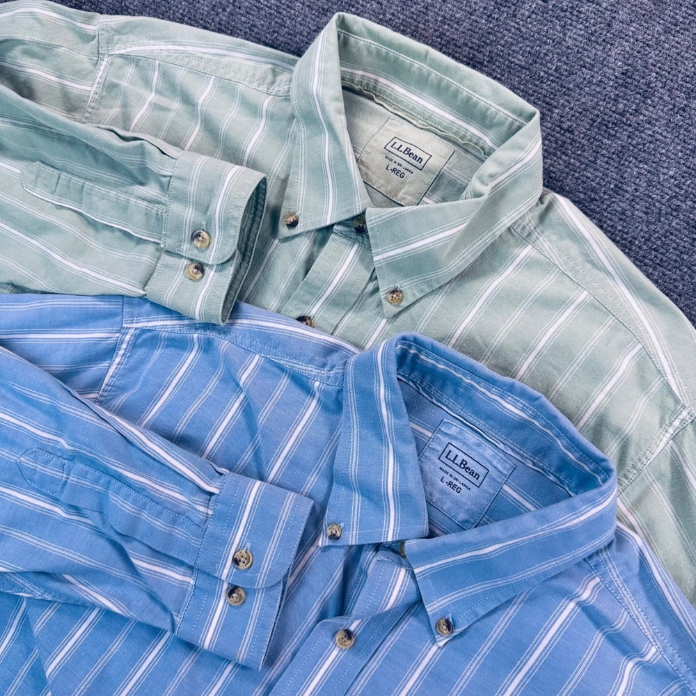 [Lot of 2]LL Bean Mens L Regular Blue Green Striped Button Down Shirts Cotton